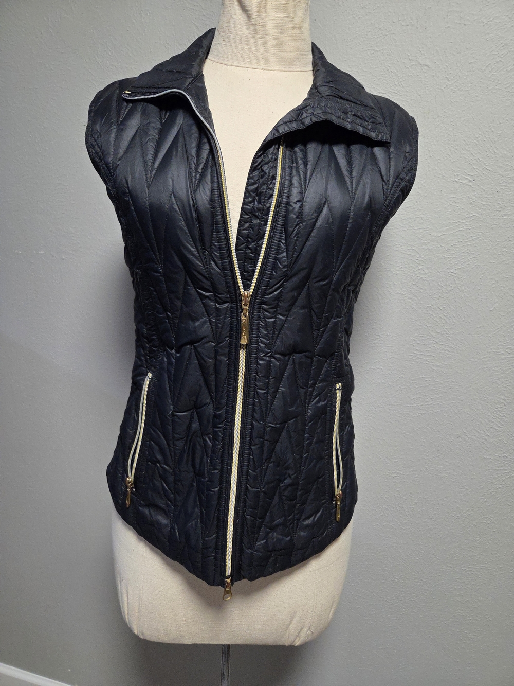 Sleeveless Quilted Black Vest with Gold-Tone Zippers